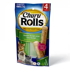 Inaba Churu Rolls Chicken Recipe wraps Tuna Recipe Grain-Free Cat Treats, 0.35-oz, pack of 4