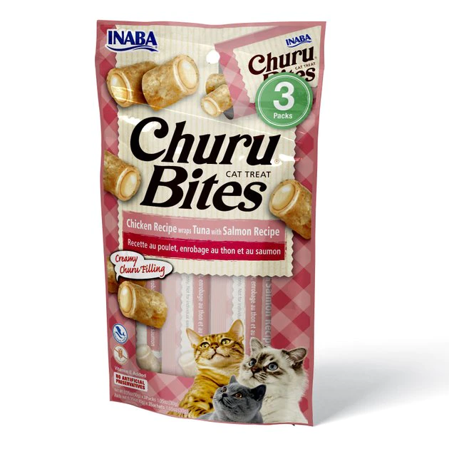 Inaba Churu Bites Chicken Recipe wraps Tuna with Salmon Recipe Grain-Free Cat Treats, 0.35-oz, pack of 3 3 Inaba Churu Bites Chicken Recipe wraps Tuna with Salmon Recipe Grain-Free Cat Treats, 0.35-oz, pack of 3