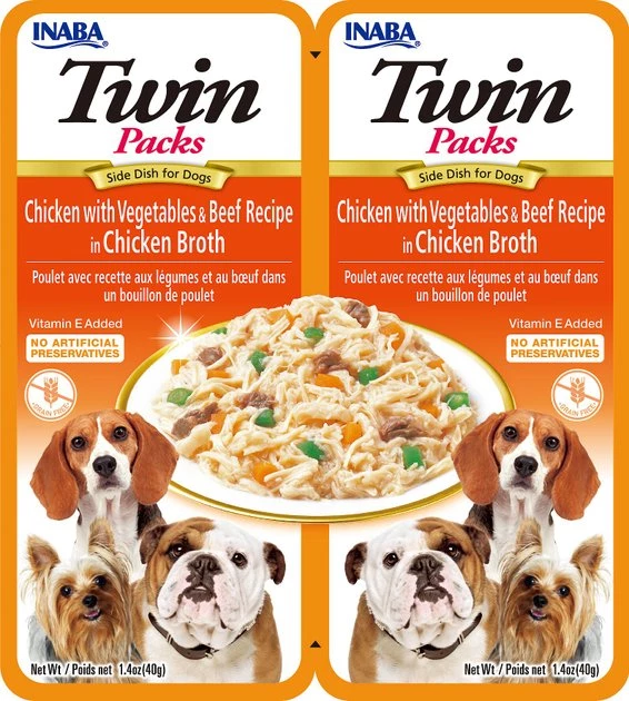 Inaba Twin Packs Chicken with Vegetables & Beef Recipe in Chicken Broth Grain-Free Dog Food Topper, 1.4-oz, pack of 2 3 Inaba Twin Packs Chicken with Vegetables & Beef Recipe in Chicken Broth Grain-Free Dog Food Topper, 1.4-oz, pack of 2