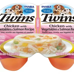 Inaba Twins Chicken with Vegetables & Salmon Recipe Grain-Free Dog Food Topper, 1.23-oz, pack of 2