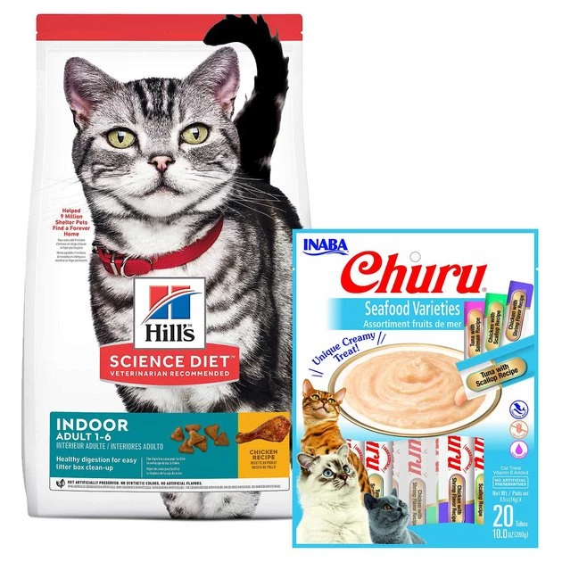 Hill's Science Diet||Inaba Hill's Science Diet Adult Indoor Chicken Recipe Dry Food + Inaba Churu Seafood Puree Grain-Free Lickable Cat Treat 3 Hill's Science Diet||Inaba Hill's Science Diet Adult Indoor Chicken Recipe Dry Food + Inaba Churu Seafood Puree Grain-Free Lickable Cat Treat