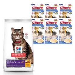 Hill's Science Diet||Inaba Hill's Science Diet Adult Sensitive Stomach & Skin Chicken & Rice Recipe Dry Food + Inaba Churu Grain-Free Tuna Puree Lickable Cat Treat