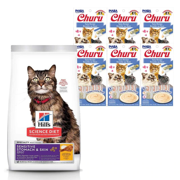 Hill's Science Diet||Inaba Hill's Science Diet Adult Sensitive Stomach & Skin Chicken & Rice Recipe Dry Food + Inaba Churu Grain-Free Tuna Puree Lickable Cat Treat 3 Hill's Science Diet||Inaba Hill's Science Diet Adult Sensitive Stomach & Skin Chicken & Rice Recipe Dry Food + Inaba Churu Grain-Free Tuna Puree Lickable Cat Treat
