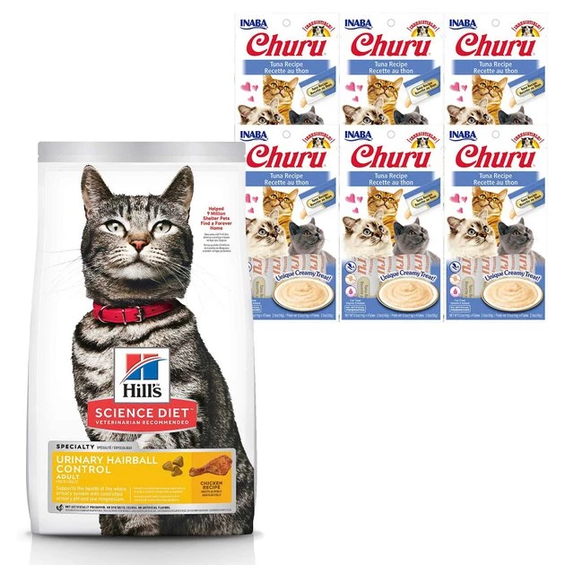 Hill's Science Diet||Inaba Hill's Science Diet Adult Urinary Hairball Control Dry Food + Inaba Churu Grain-Free Tuna Puree Lickable Cat Treat 3 Hill's Science Diet||Inaba Hill's Science Diet Adult Urinary Hairball Control Dry Food + Inaba Churu Grain-Free Tuna Puree Lickable Cat Treat