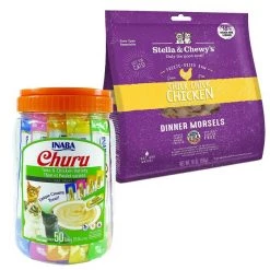 Inaba||Stella & Chewy's Inaba Churu Tuna & Chicken Puree Grain-Free Lickable Treat + Stella & Chewy's Chick Chick Chicken Dinner Morsels Freeze-Dried Raw Cat Food