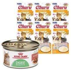 Royal Canin||Inaba Royal Canin Digest Sensitive Thin Slices in Gravy Canned Food + Inaba Churu Grain-Free Chicken Puree Lickable Cat Treat