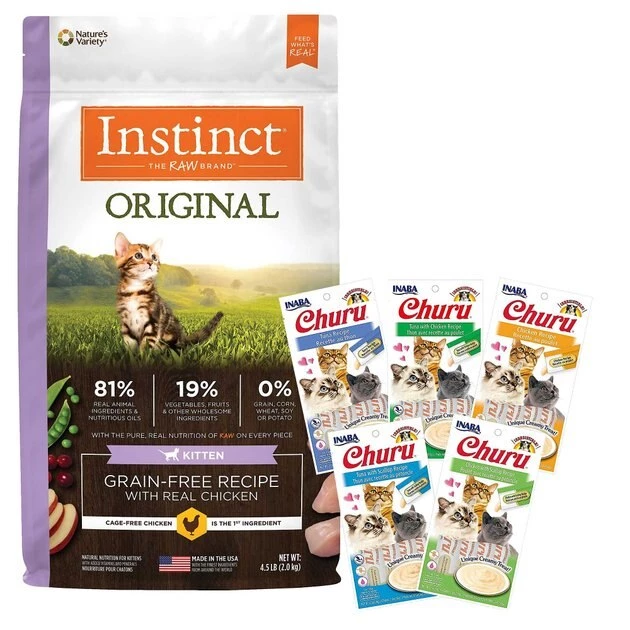 Inaba||Instinct Inaba Churu Grain-Free Chicken, Tuna, Scallop Puree Variety Pack Lickable Cat Treat, 0.5-oz tube, pack of 20 + Instinct Original Kitten Grain-Free Recipe with Real Chicken Freeze-Dried Raw Coated Dry Cat Food, 4.5-lb bag 3 Inaba||Instinct Inaba Churu Grain-Free Chicken, Tuna, Scallop Puree Variety Pack Lickable Cat Treat, 0.5-oz tube, pack of 20 + Instinct Original Kitten Grain-Free Recipe with Real Chicken Freeze-Dried Raw Coated Dry Cat Food, 4.5-lb bag