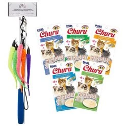 Inaba||Pet Fit For Life Inaba Churu Grain-Free Chicken, Tuna, Scallop Puree Variety Pack Lickable Cat Treat, 0.5-oz tube, pack of 20 + Pet Fit For Life 5 Piece Squiggly Worm Wand Cat Toy