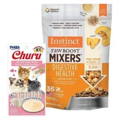 Inaba||Instinct Inaba Churu Grain-Free Tuna with Salmon Puree Lickable Cat Treat, 0.5-oz tube, pack of 4 + Instinct Freeze-Dried Raw Boost Mixers Grain-Free Digestive Health Recipe Cat Food Topper, 5.5-oz bag