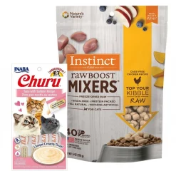 Inaba||Instinct Inaba Churu Grain-Free Tuna with Salmon Puree Lickable Cat Treat, 0.5-oz tube, pack of 4 + Instinct Raw Boost Mixers Chicken Recipe Grain-Free Freeze-Dried Cat Food Topper, 6-oz bag
