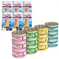 Inaba||Weruva Inaba Ciao Grain-Free Grilled Tuna Fillet Extra Tender in Tuna Flavored Broth Cat Treat, 0.52-oz pouch, pack of 6 + Weruva Cats in the Kitchen Cuties Variety Pack Grain-Free Canned Cat Food, 3.2-oz, case of 12